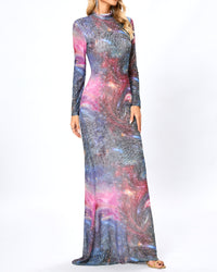 Lyn Long Sleeve Studded Maxi Dress In Galaxy