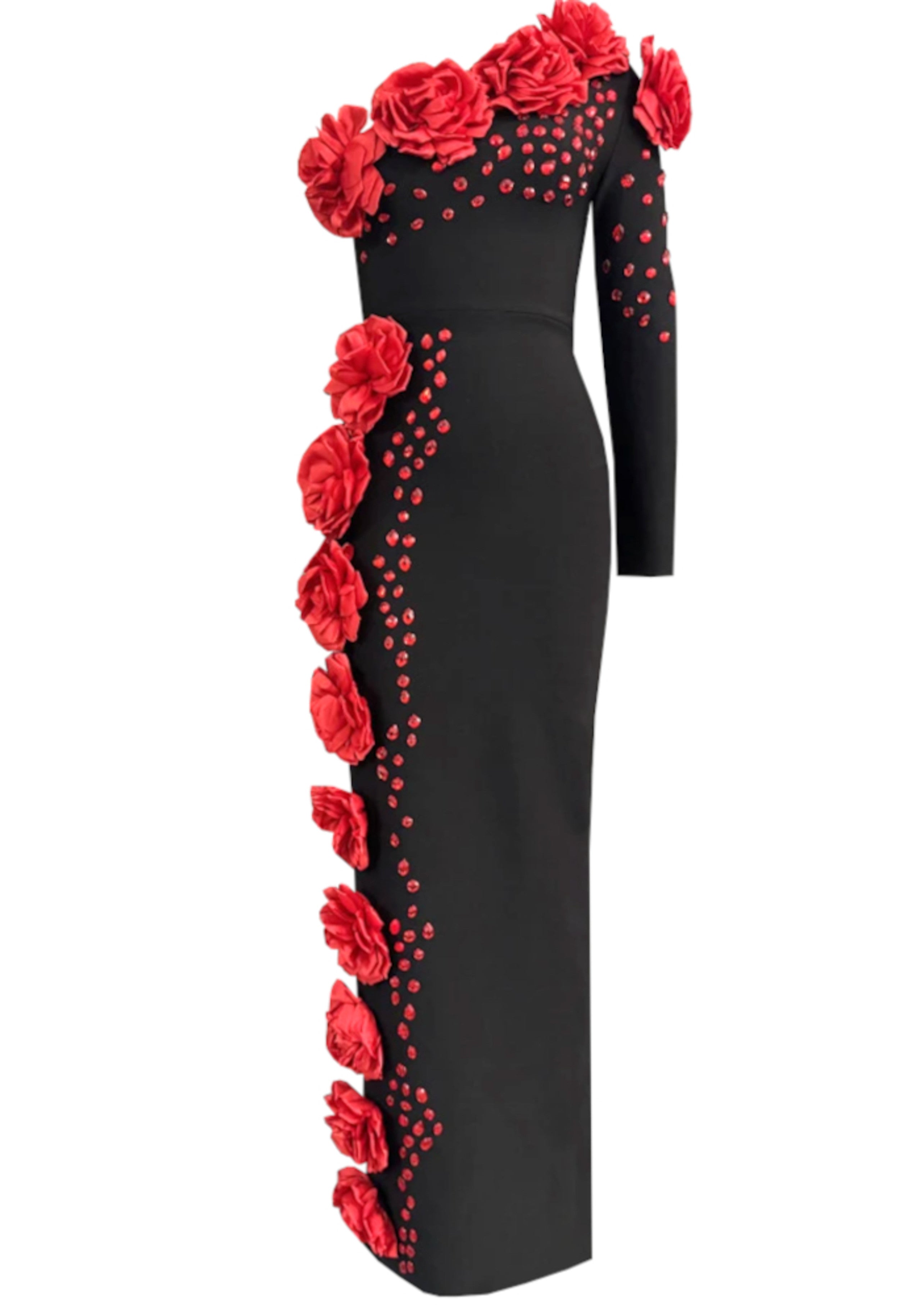 Leilexi One Sleeve Floral Crystal Maxi Dress In Black Red