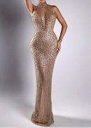 Ogima Halter Crystal Sequin Maxi Dress In Gold