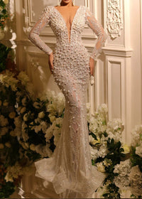 Hyrthos Long Sleeve Pearl Sequin Maxi Dress In Ivory