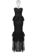 Clora Halter Floral Lace Ruffle Maxi Dress In Black