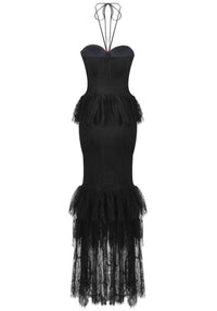 Clora Halter Floral Lace Ruffle Maxi Dress In Black