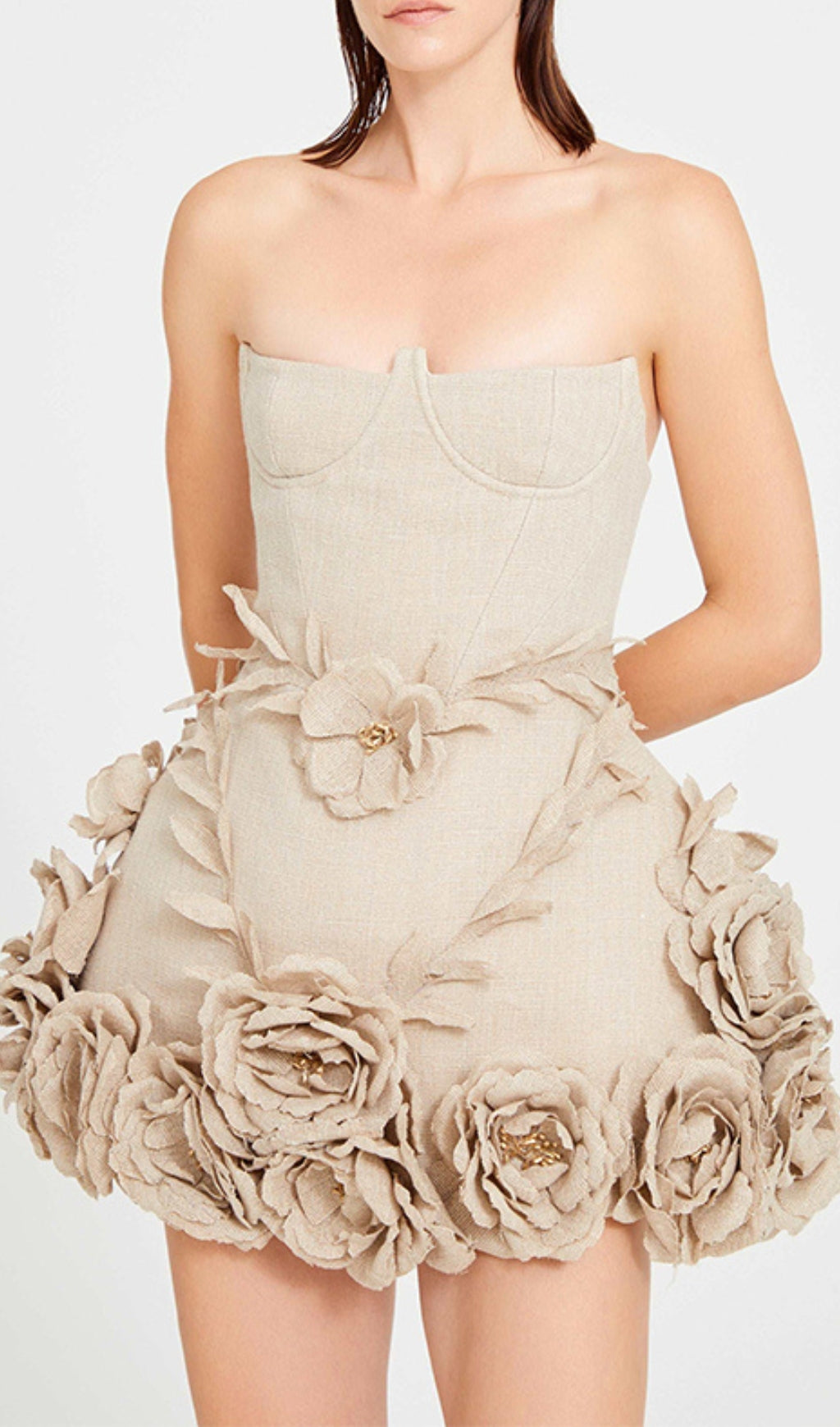 Adlai Linen Corset Flower Details Mini Dress In Beige