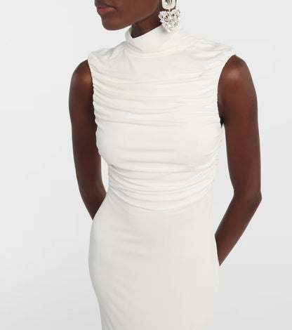 Liliana Flower Embellished Ruched Midi Dress In White