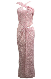 Olyra Halter Draped Sequin Maxi Dress In Pink