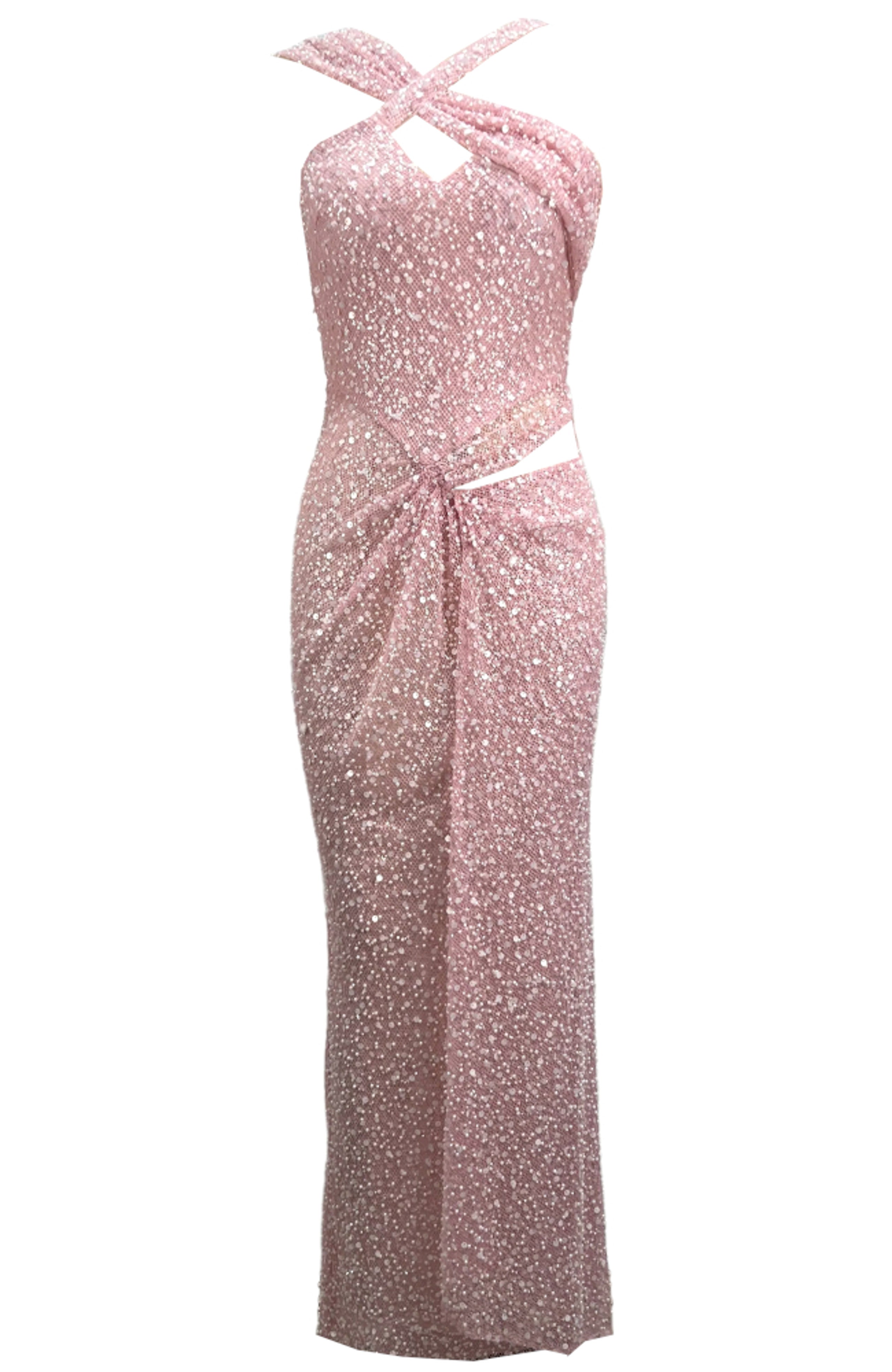 Olyra Halter Draped Sequin Maxi Dress In Pink