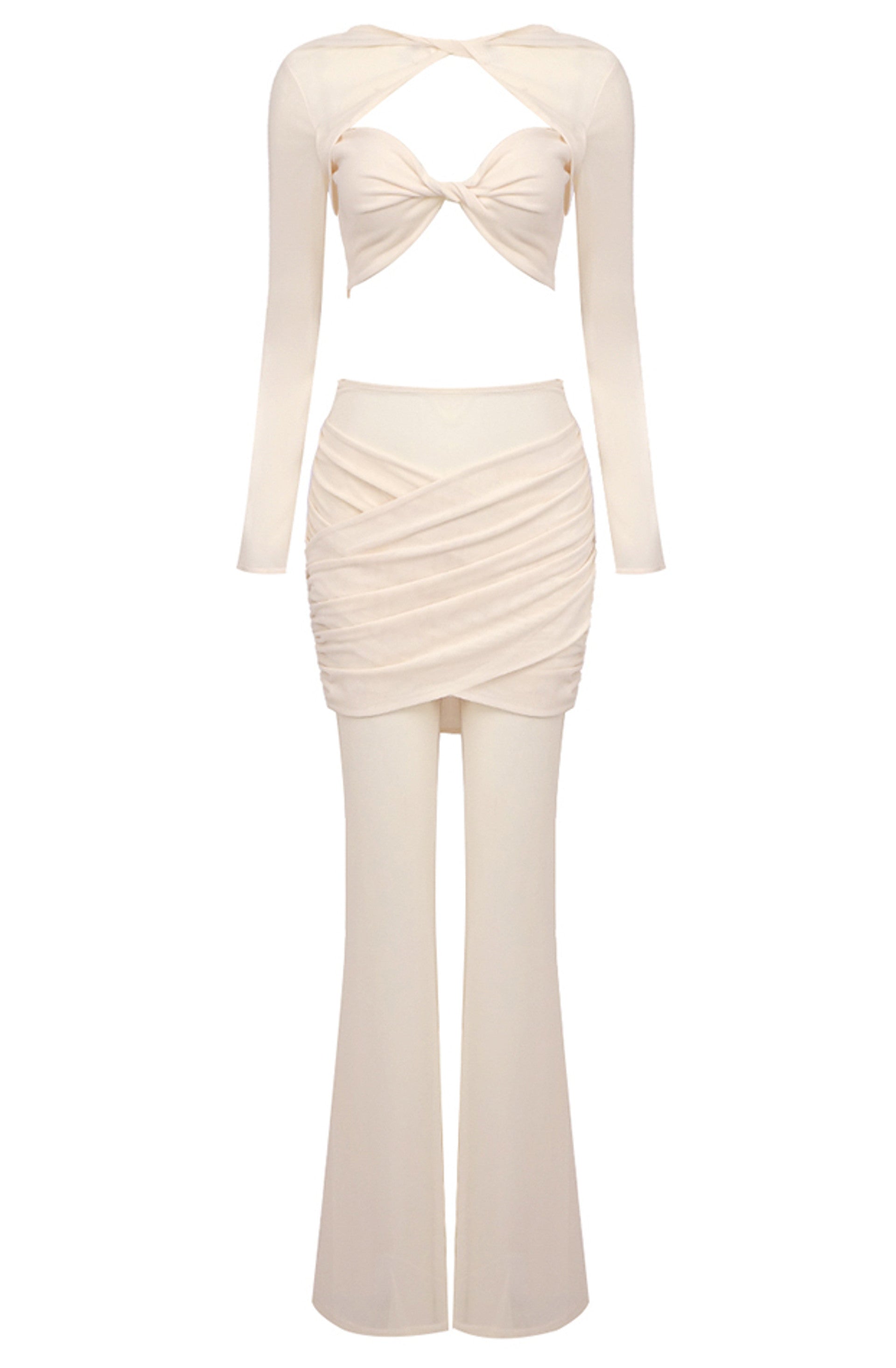 Monroe Long Sleeve Draped Two Piece Jumpsuit In Nude