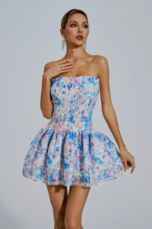 Fritia Floral Ruched Strapless Mini Dress In Blue