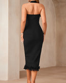 Lenah Halter Mesh Ruffle Midi Dress In Black