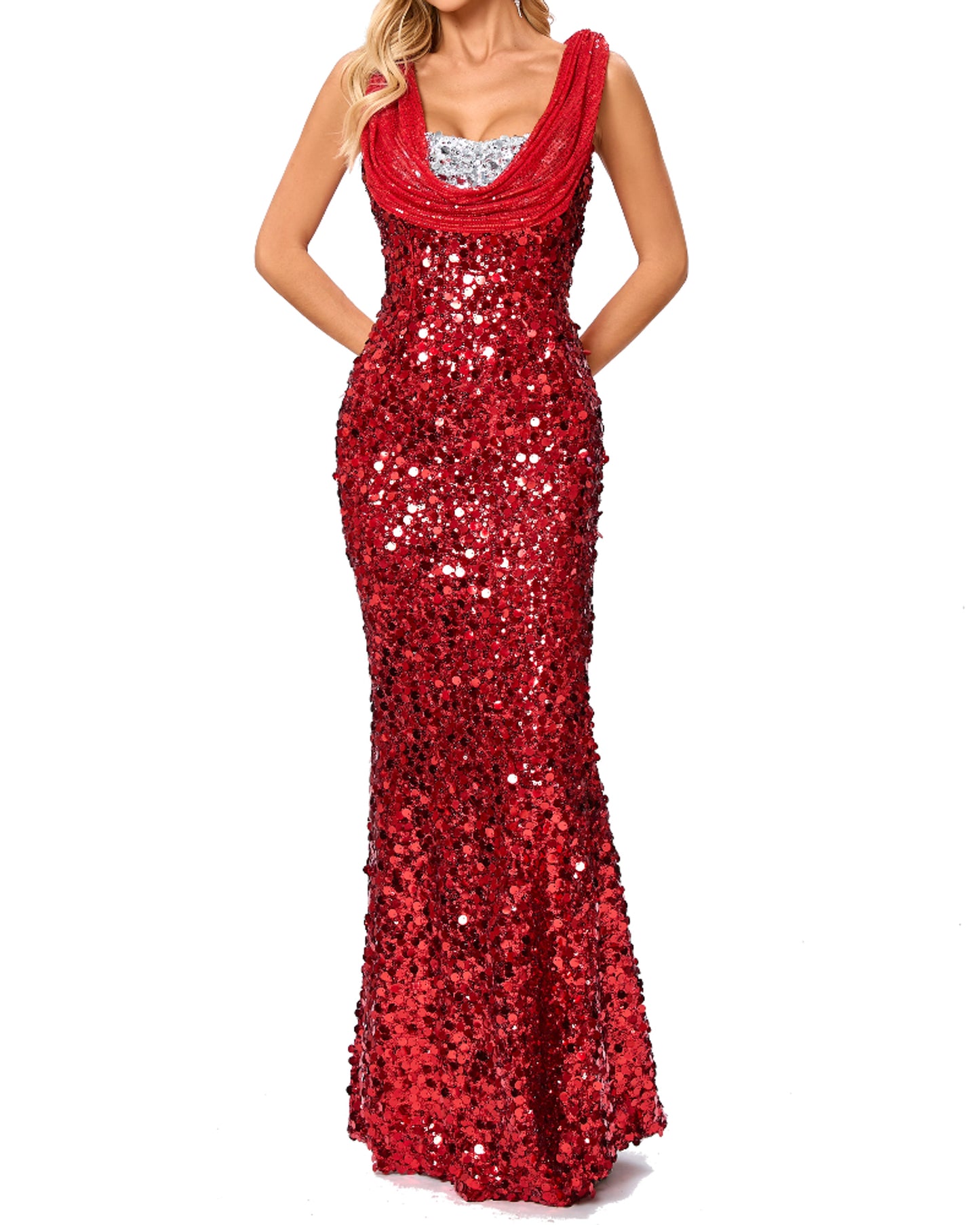 Cambrie Draped Sequin Maxi Dress In Red Silver