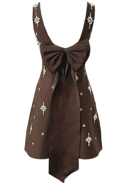 Rayner Crystal Bow Detail Backless A Line Mini Dress In Brown