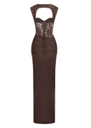 Luxyvar Lace Bustier Draped Maxi Dress In Brown