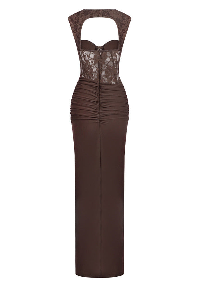 Luxyvar Lace Bustier Draped Maxi Dress In Brown