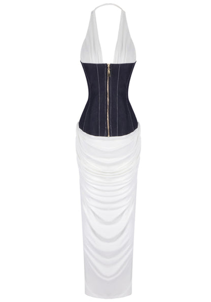 Jasey Halter Corset Draped Maxi Dress In White