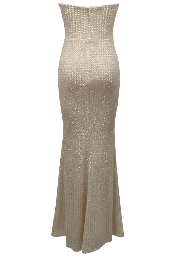Vyxil Strapless Pearl Detail Sequin Maxi Dress In Gold