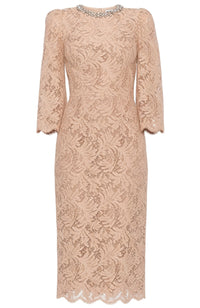 Keyren Crystal Neckline Lace Midi Dress In Nude
