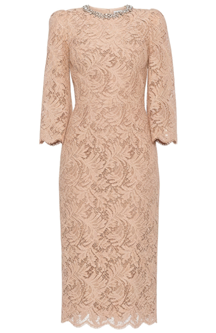 Keyren Crystal Neckline Lace Midi Dress In Nude