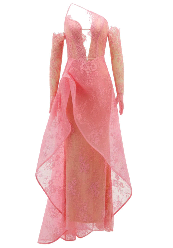 Barnard One Shoulder Lace Insert Maxi Dress In Hot Pink