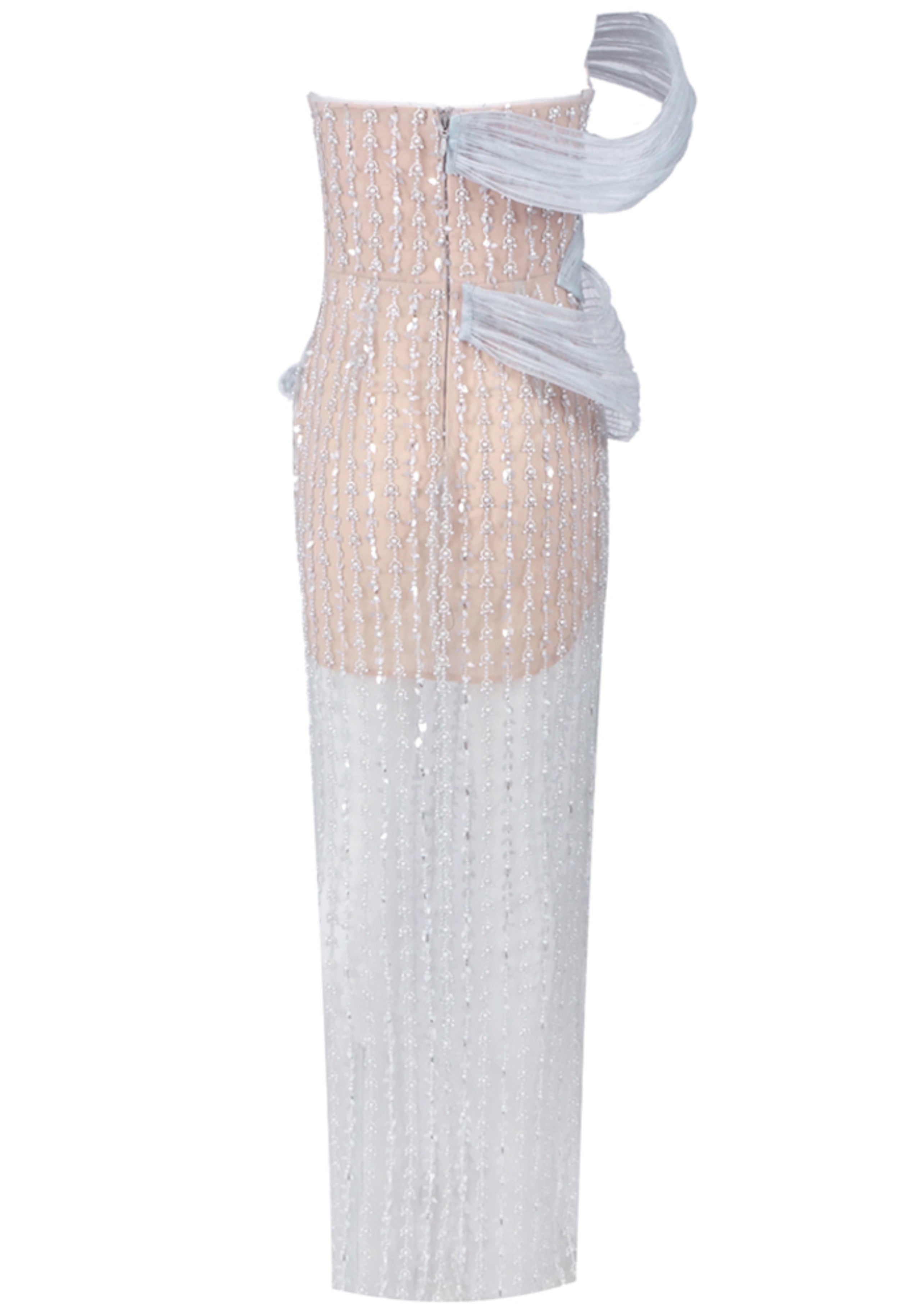 Rexmir Strapless Crystal Floral Maxi Dress Silver In Nude