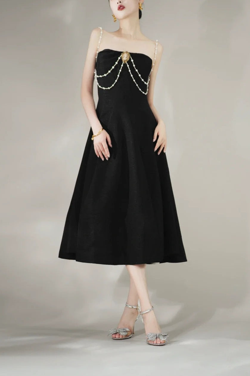 Ashur Pearl Detail A Line Midi Dress In Black