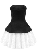 Renaud Strapless Corset Floral A Line Velvet Mini Dress In Black White