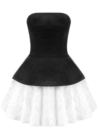Renaud Strapless Corset Floral A Line Velvet Mini Dress In Black White