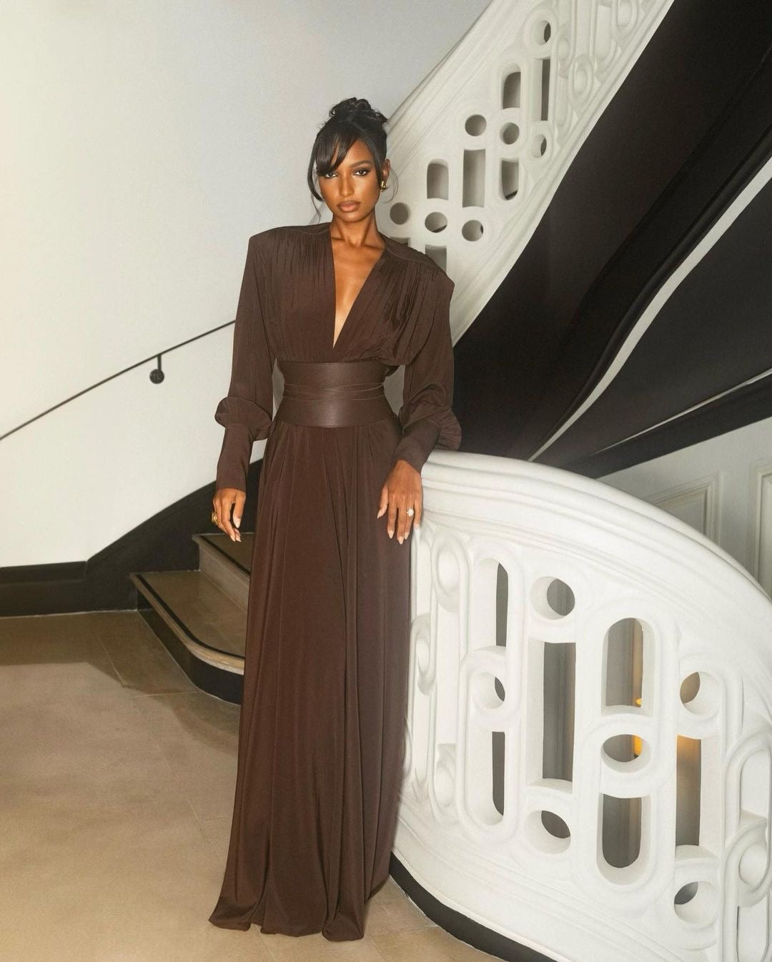 Wendie Long Sleeve Plunge V Neck Maxi Dress