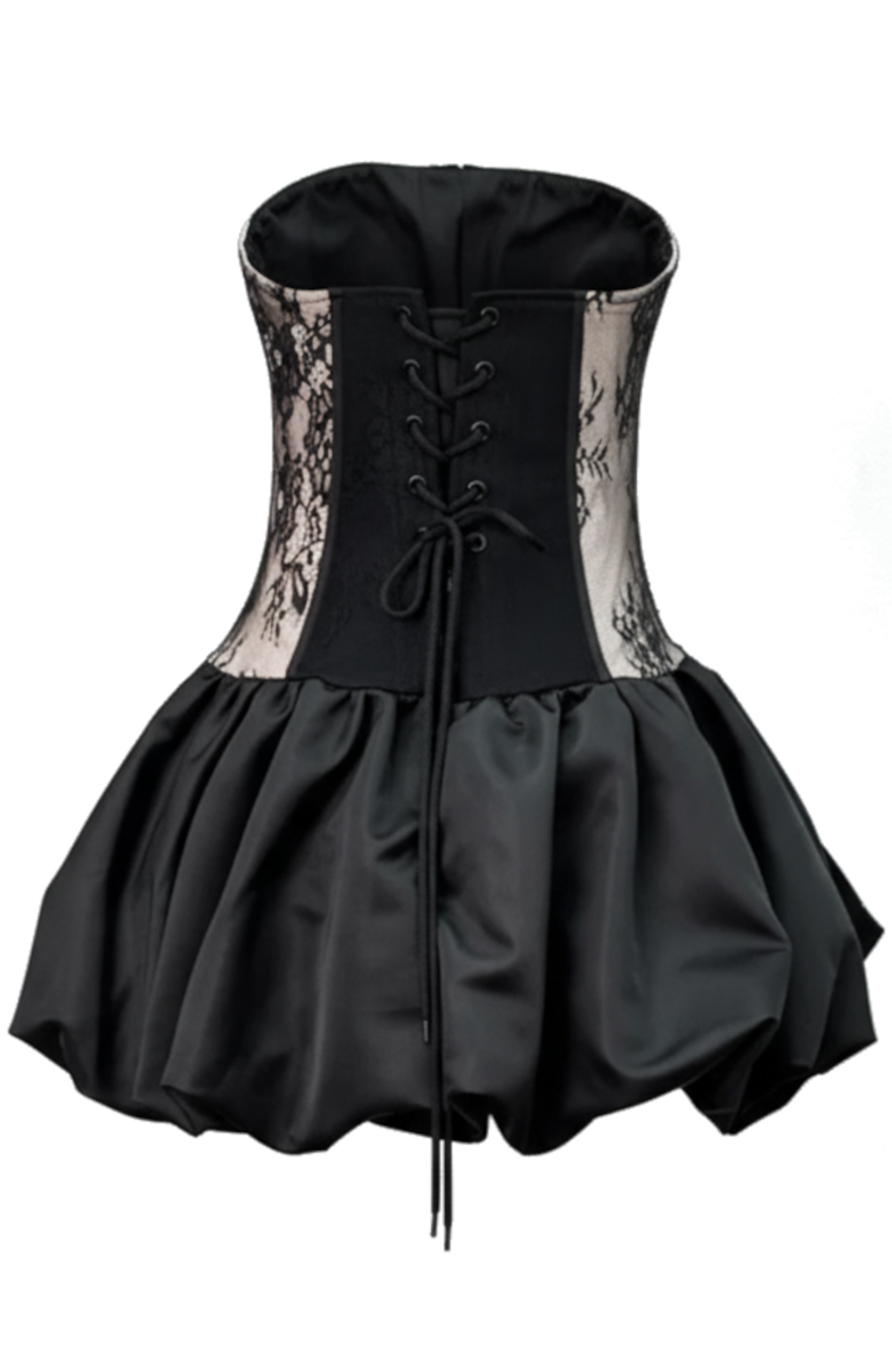 Poseidon Strapless Floral Lace Corset Puff Mini Dress In Black