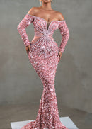Arlyn Long Sleeve Bardot Crystal Sequin Maxi Dress In Pink