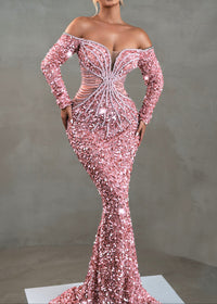 Arlyn Long Sleeve Bardot Crystal Sequin Maxi Dress In Pink