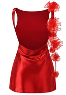 Glyxen Backless Flower Satin Mini Dress In Red