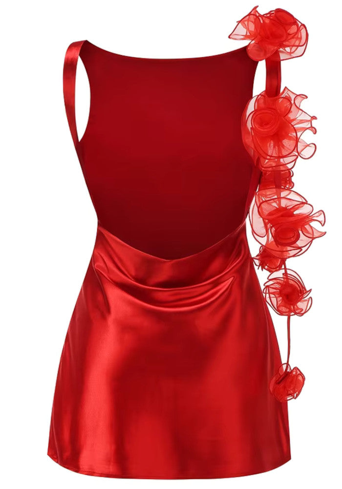 Glyxen Backless Flower Satin Mini Dress In Red