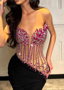 Roger Strapless Crystal Corset Maxi Velvet Dress In Hot Pink Black