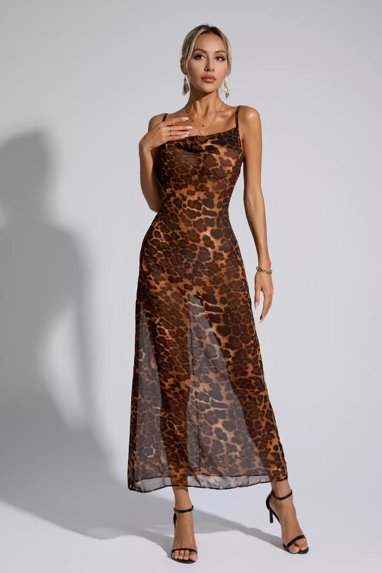 Brona Leopard Print Spaghetti Maxi Dress