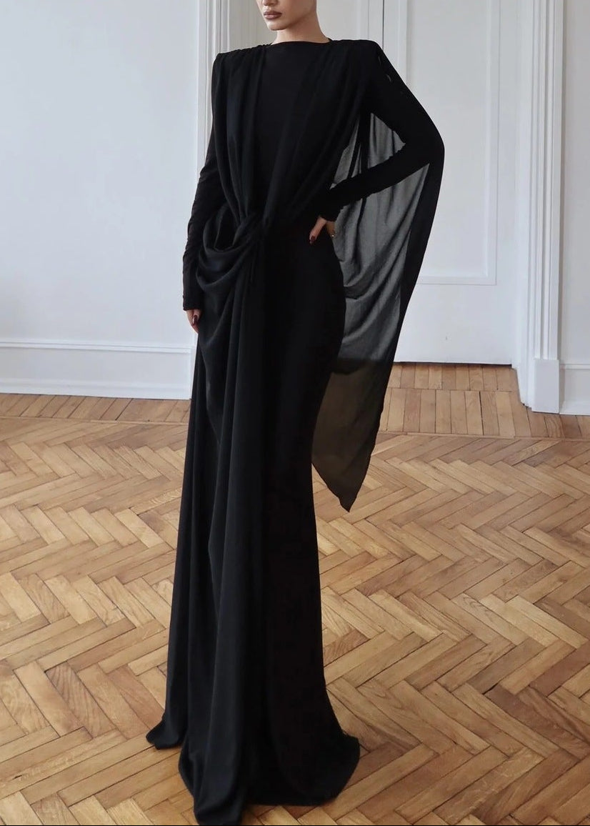 Drynthos Long Sleeve Draped Design Maxi Dress In Black