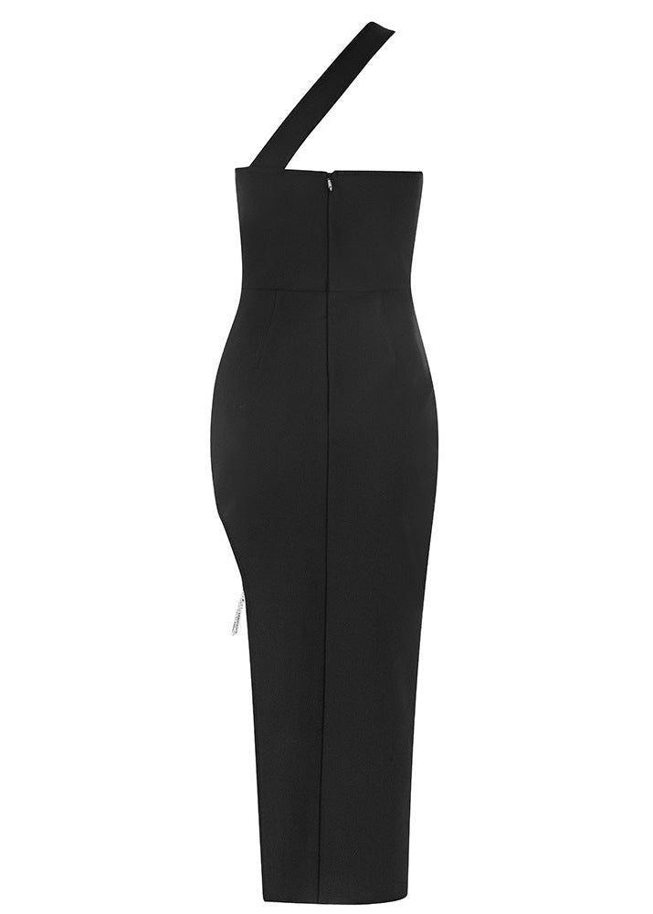 Bahram One Shoulder Bustier Midi Dress In Black