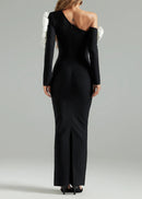 Patricia One Shoulder Flower Embellished Cutout Bandage Maxi Dress In Black