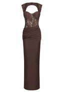 Luxyvar Lace Bustier Draped Maxi Dress In Brown
