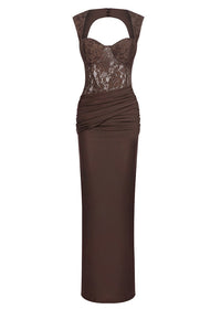 Luxyvar Lace Bustier Draped Maxi Dress In Brown