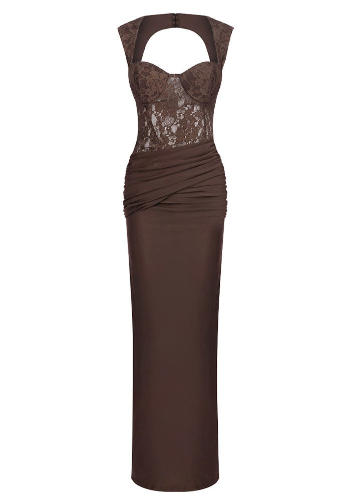 Luxyvar Lace Bustier Draped Maxi Dress In Brown