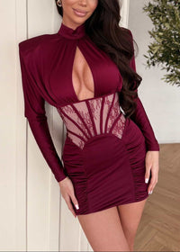 Geotra Long Sleeve Lace Corset Mini Dress In Burgundy