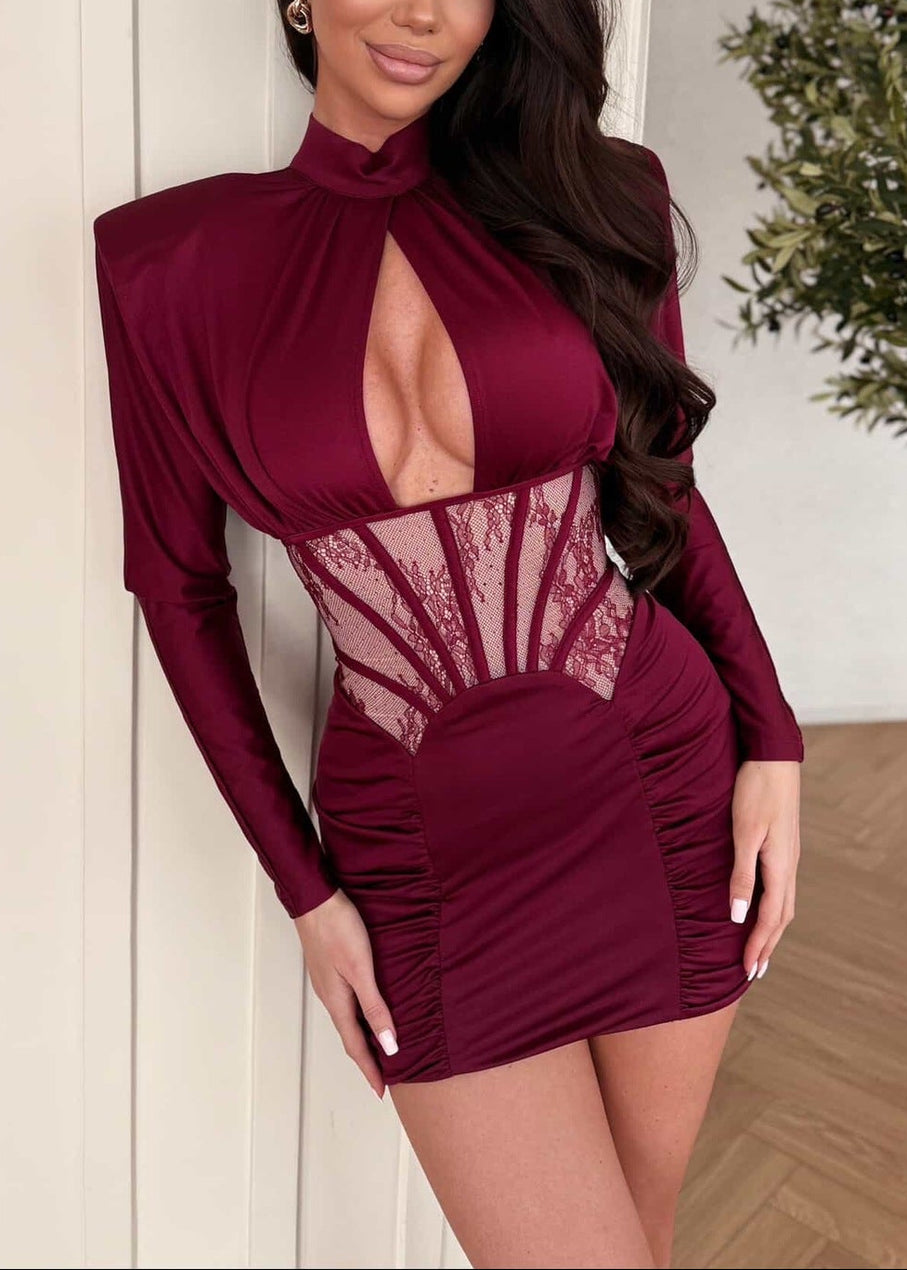 Geotra Long Sleeve Lace Corset Mini Dress In Burgundy