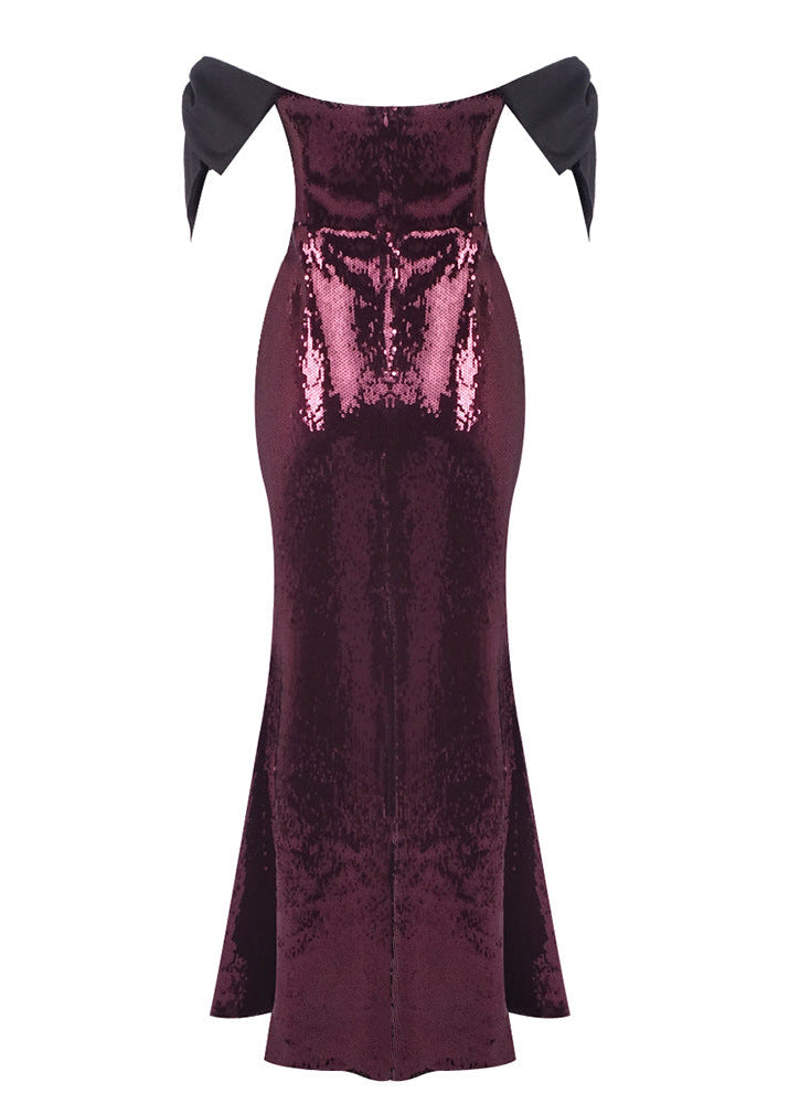 Ediva Bow Detail Bardot Sequin Maxi Dress In Brown