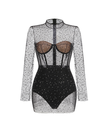 Vila Mesh Diamond Embellishment Mini Dress In Black