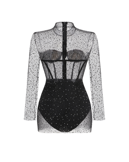 Vila Mesh Diamond Embellishment Mini Dress In Black