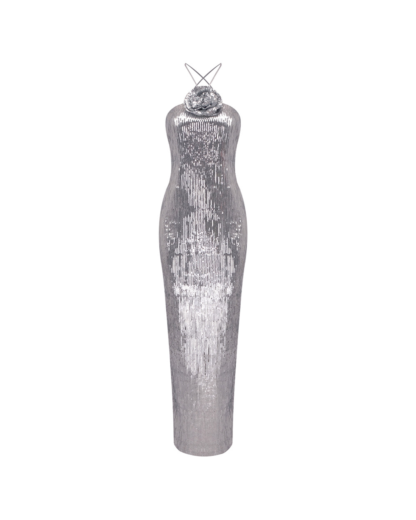 Devrim Floral-Appliqué Sequin Maxi Dress In Silver