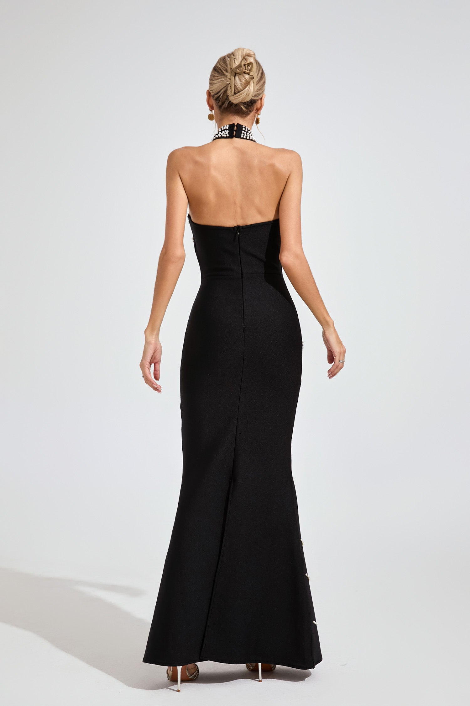 Malati Pearl Halter Bandage Maxi Dress In Black