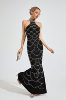 Malati Pearl Halter Bandage Maxi Dress In Black