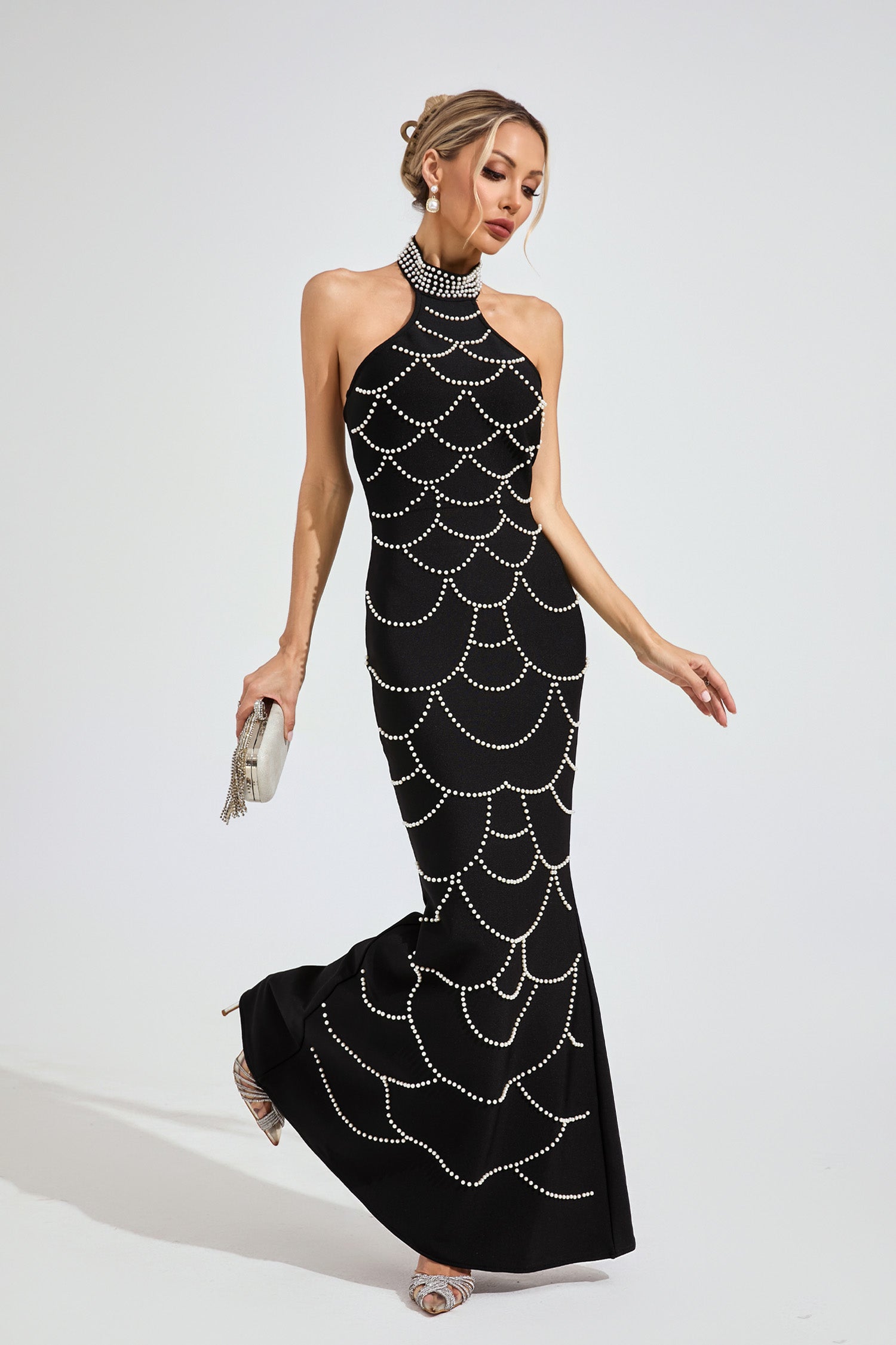 Malati Pearl Halter Bandage Maxi Dress In Black