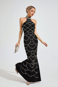 Malati Pearl Halter Bandage Maxi Dress In Black
